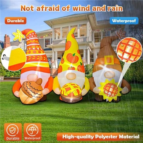 6FT Thanksgiving Inflatables Decorations Three Gnomes Blow Up with LED Lights - Picture 5 of 7